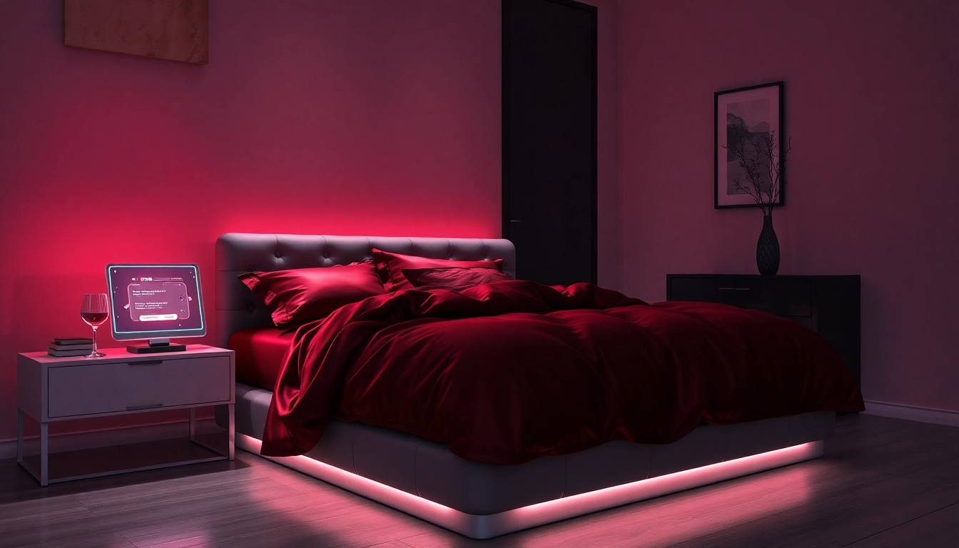Porn AI chat interface illuminating a luxurious bedroom environment, creating an intimate atmosphere.
