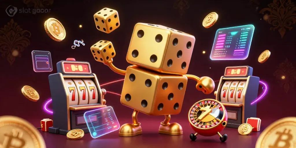 Spin jackpots with slot gacor in a vibrant 3D casino scene filled with dice and crypto elements.