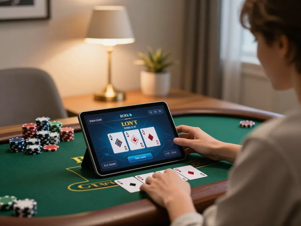 Kuwin player strategizing during an online blackjack session with tablet and chips