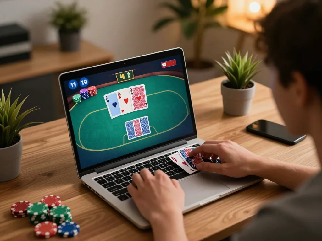 Fun88 player engaged with poker game on laptop, showing strategic gameplay in a cozy home setting.