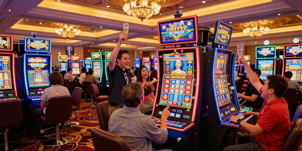 Lucky777 slot machine celebration scene with diverse players celebrating a jackpot win, vibrant casino lights and ambiance.
