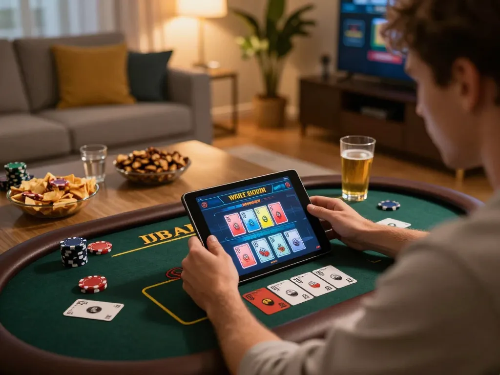 king33 player enjoying live dealer game on tablet in cozy home