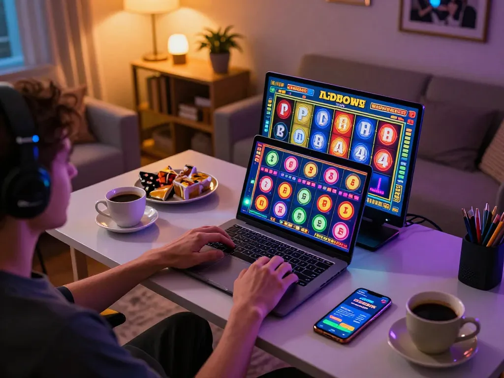 Player enjoying link slot game on a laptop from a stylish home gaming setup