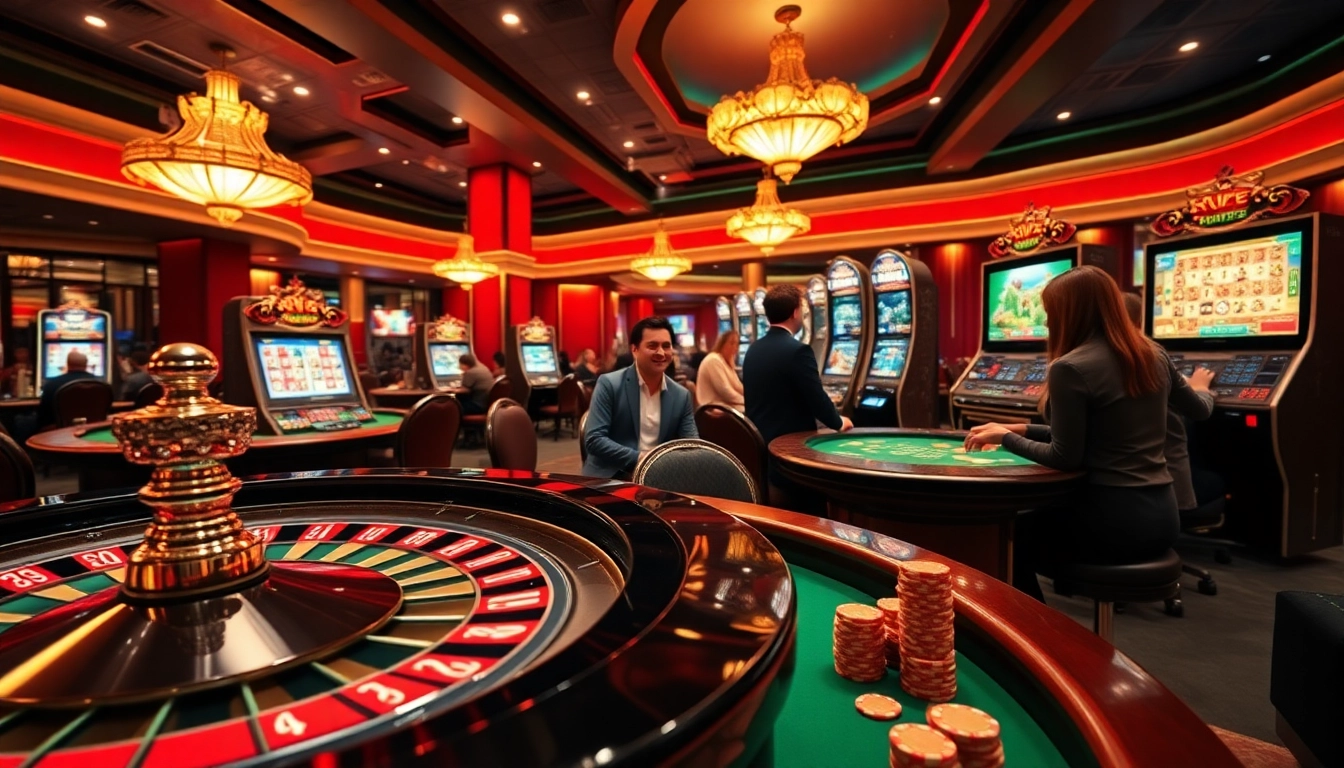 Engaging gamblers at a luxurious casino via https://mm88.press/, highlighting poker chips and a roulette wheel.