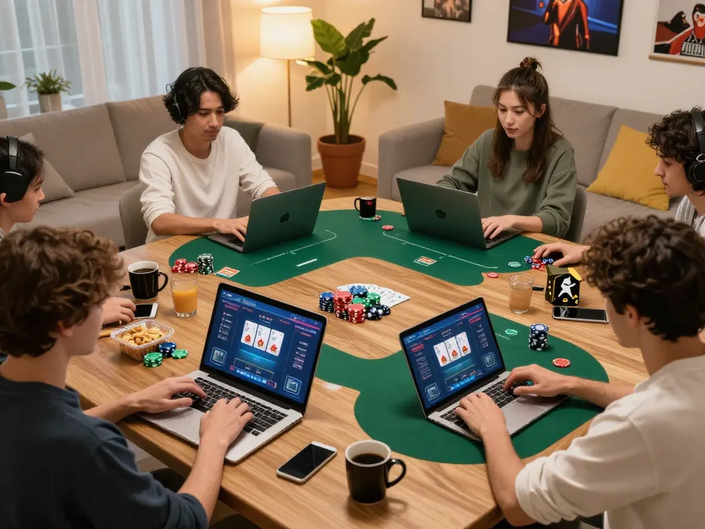 Players enjoying a vibrant online poker game session using f8betlv, showcasing dynamic gameplay and warm home atmosphere