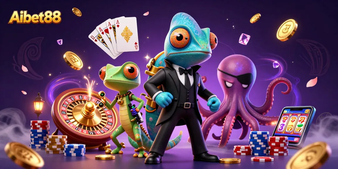 Aibet88 reveals vibrant casino magic with chameleons, gems, and dynamic characters.