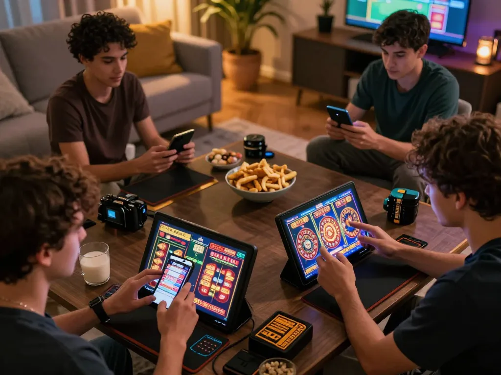 Sun win players enjoying online slots and roulette in a cozy home environment, focusing on responsible gaming strategies