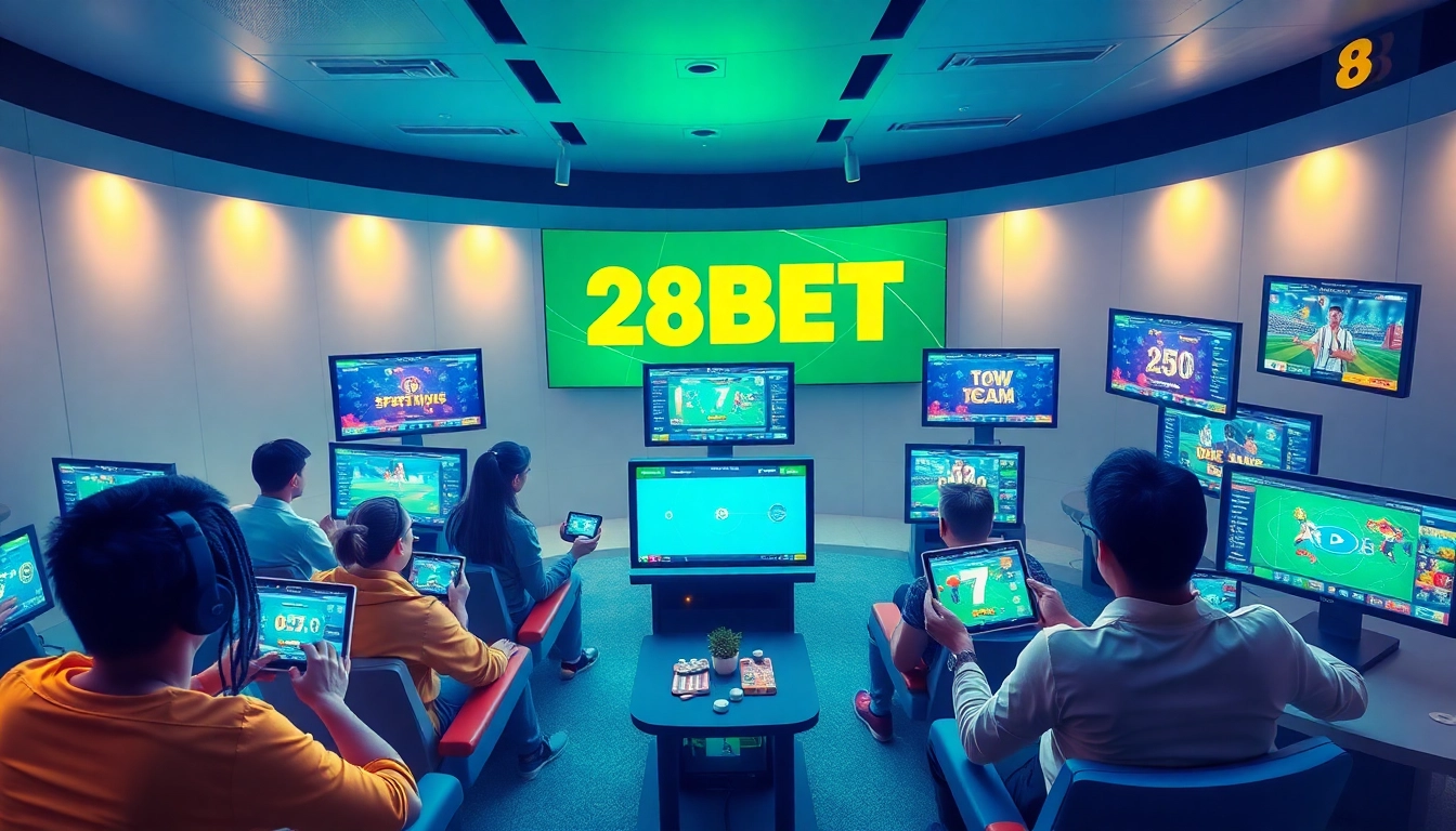 Engaging scene of gamers enjoying betting on 28BET with vibrant displays and dynamic interaction.