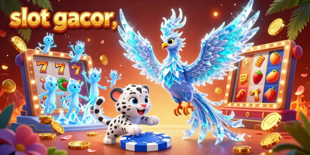 Slot gacor yang memukau menampilkan phoenix es berkilau dan slot reels yang cerah.