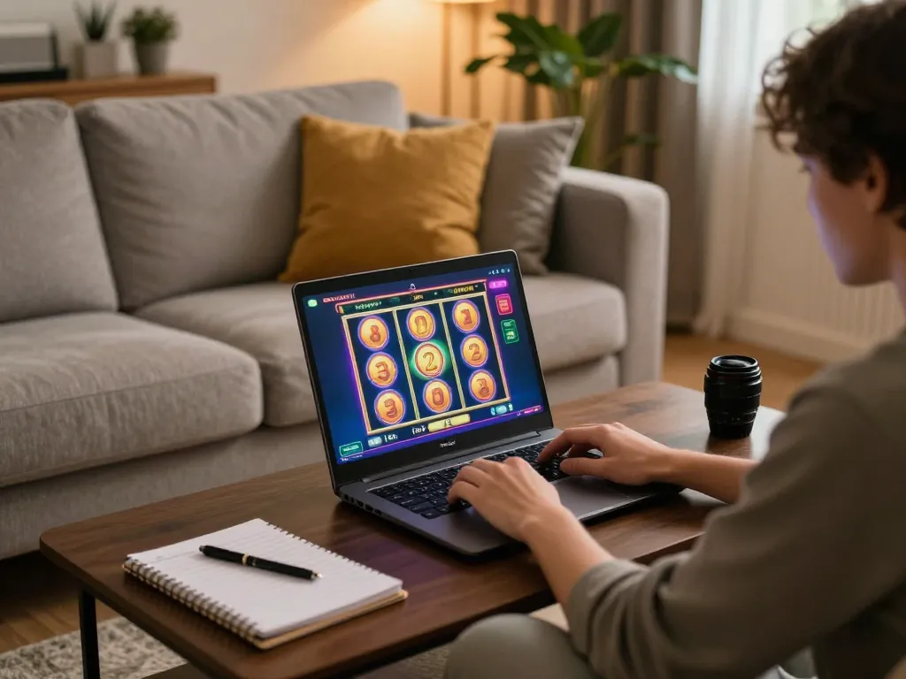 Player engaging in online slot games at home on ok365 with cozy setup and warm lighting.