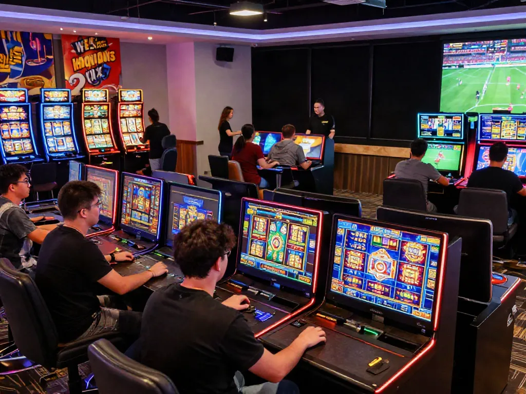 Dynamic A80 online casino gaming scene with vibrant slots and joyful players