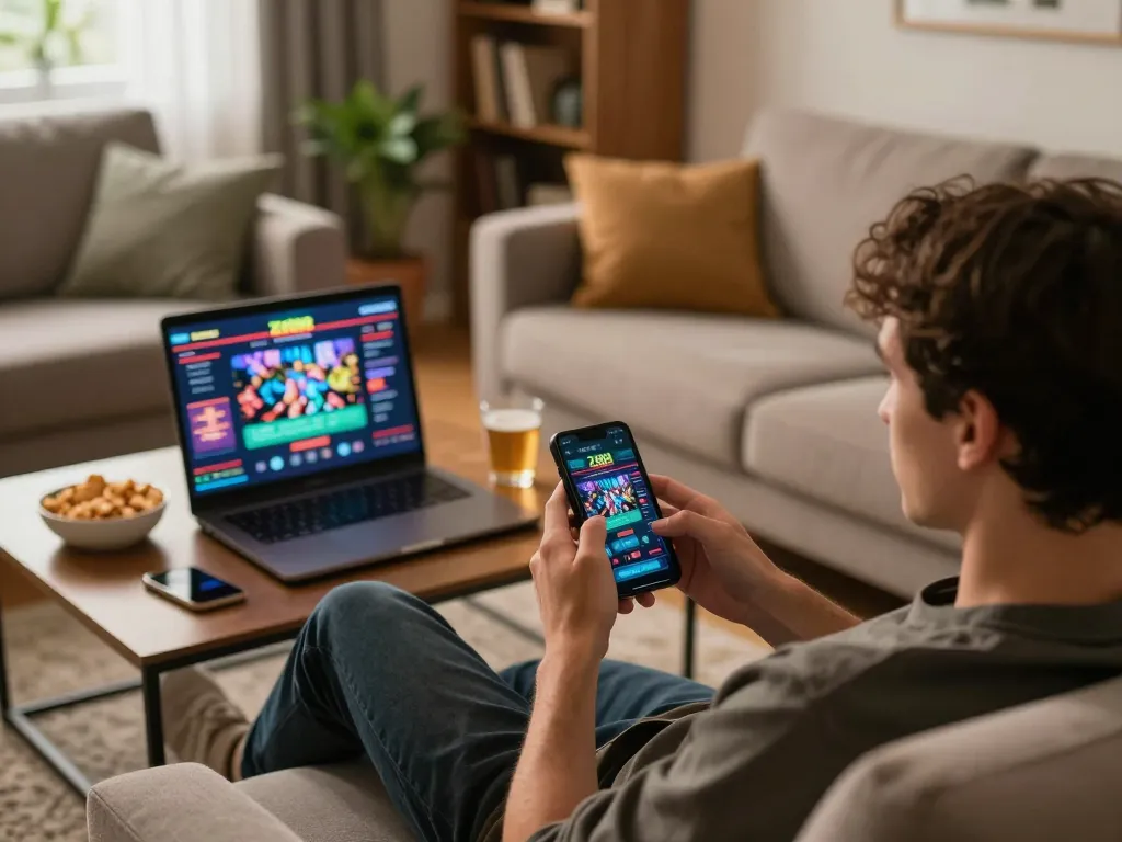Player enjoying the zx88 casino app on their smartphone at home, surrounded by snacks and drinks.