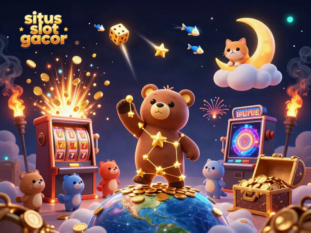 Situs slot gacor: Ilustrasi 3D penuh warna dengan beruang bintang dan mesin slot yang meledak.