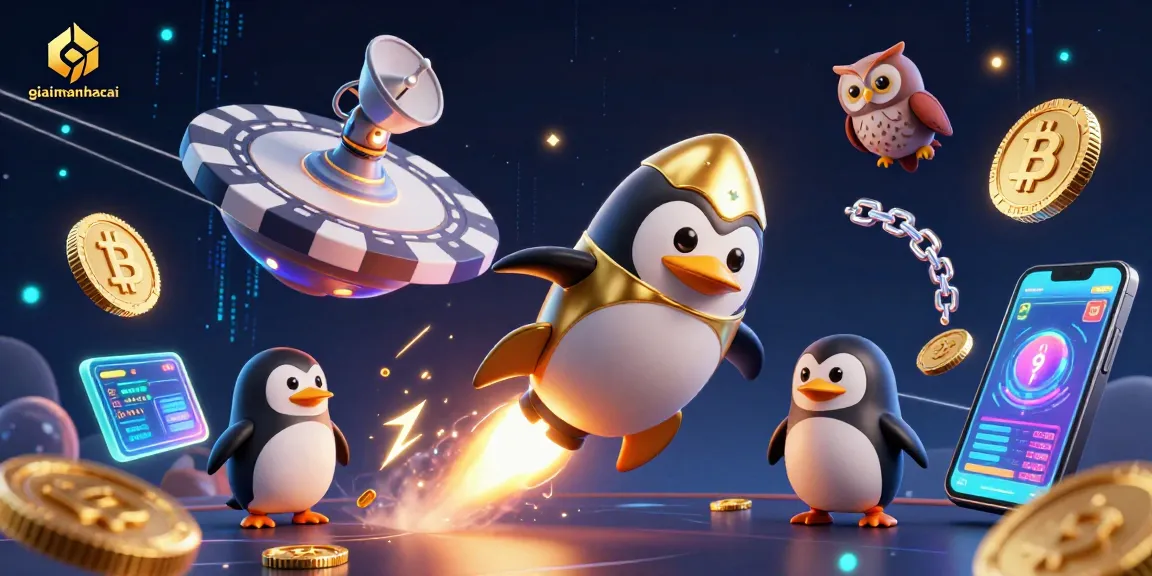 Bet on the golden penguin's journey toward the giaimanhacai casino space station amidst neon crypto elements.
