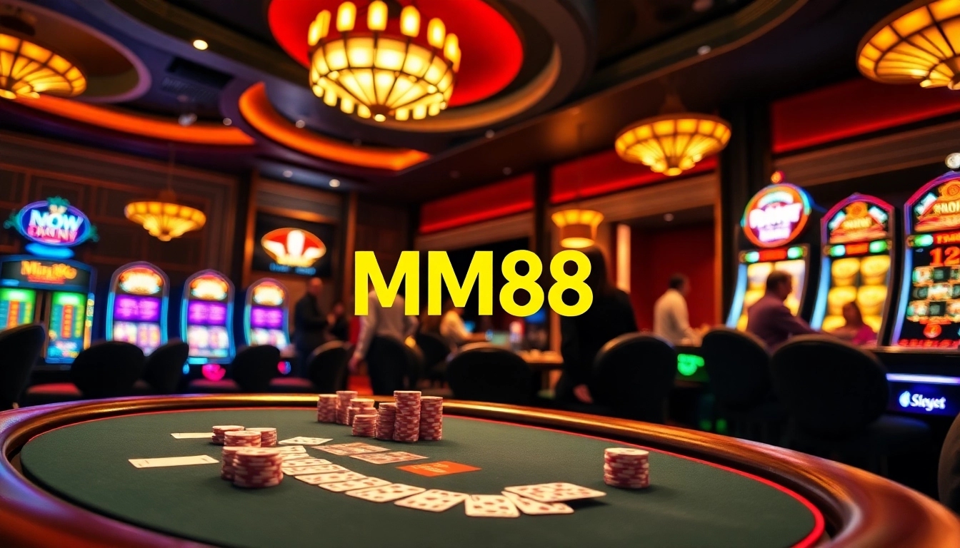 MM88 poker table with high-stake chips and engaging gameplay atmosphere in luxury casino.