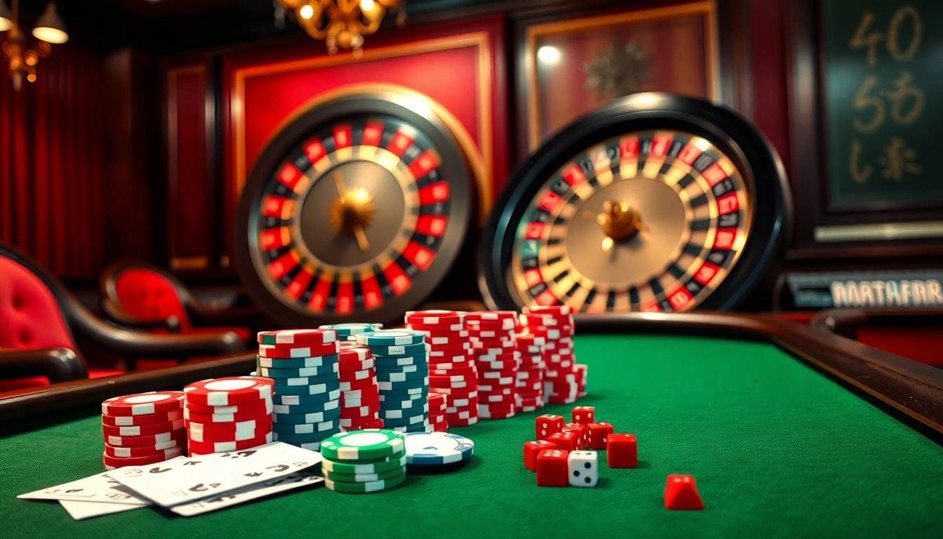 Engaging gaming scene at nhà cái luck8 featuring poker chips, roulette wheel, and playing cards.