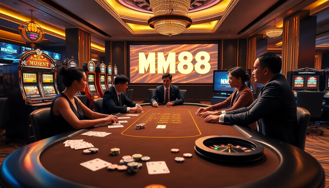 Experience the thrill of high-stakes gaming at MM88 with vibrant casino scenes featuring poker tables and slot machines.