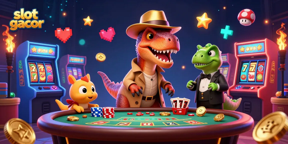 Slot gacor dengan velociraptor di meja blackjack dan stegosaurus sebagai pit boss, menggoda dengan kemenangan.