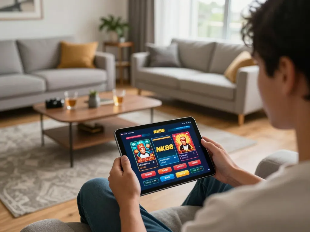 Engaging in online gambling on NK88 with a tablet in a cozy home environment