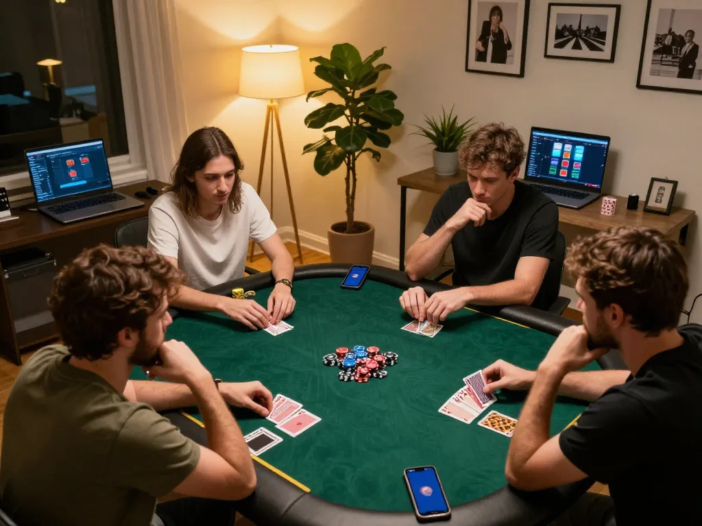 Players engaged in a thrilling poker game using cm88 com, illuminated by warm home office lighting.