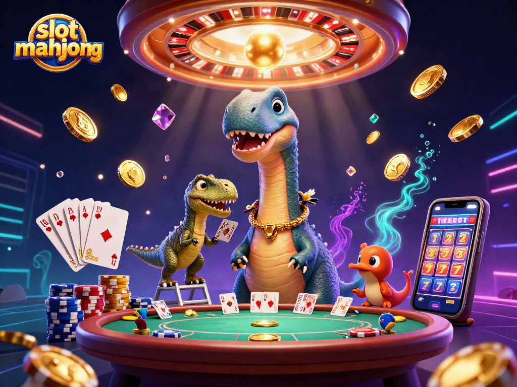 Engage with slot mahjong in this vibrant 3D casino scene with a dinosaur and dynamic game elements.