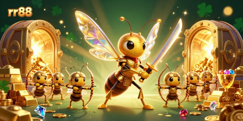 Engage with the rr88 casino world where a giant golden hornet and bee archers celebrate the jackpot.