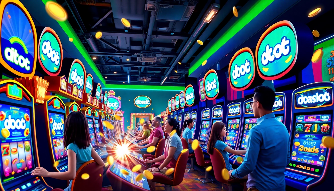 Engaging online gambling scene featuring doaslot branding with colorful slot machines and excited players.