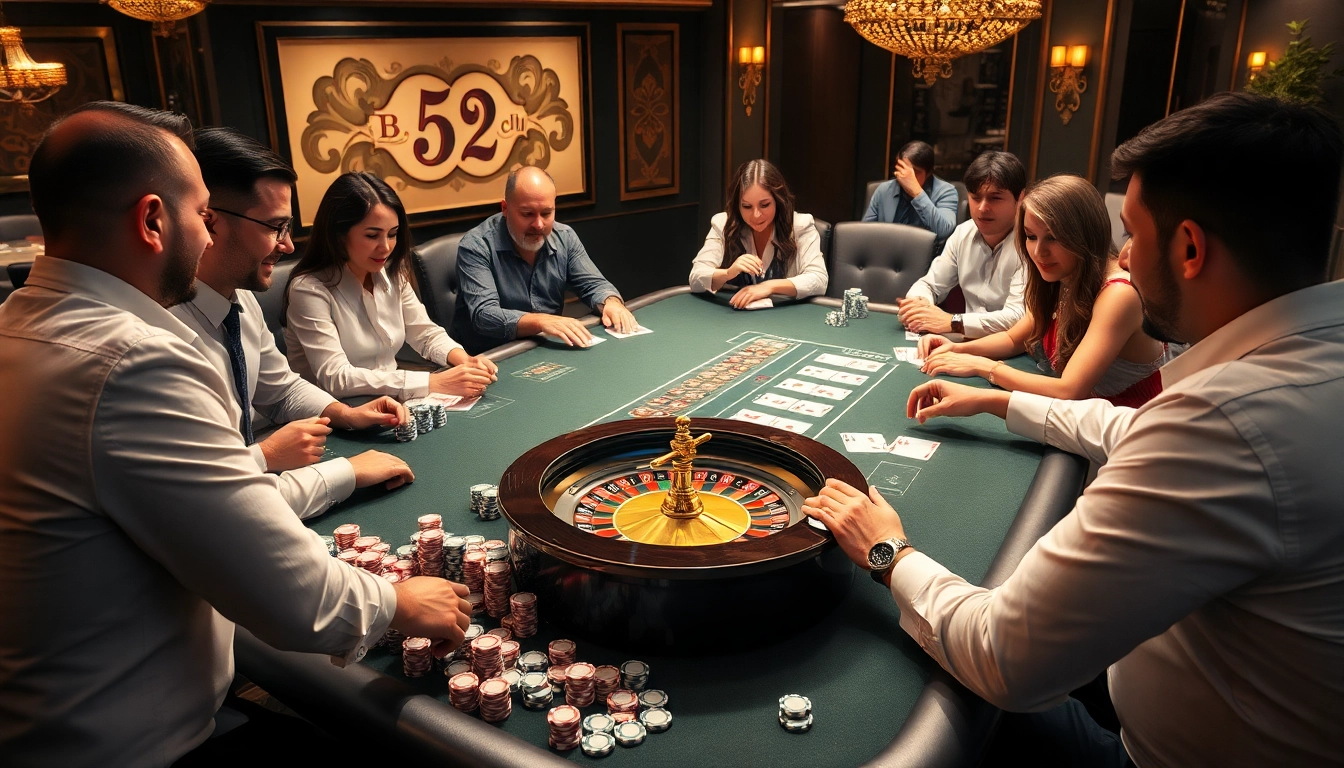 A thrilling B52.club casino scene featuring players engaging at a vibrant gaming table surrounded by poker chips and cards.