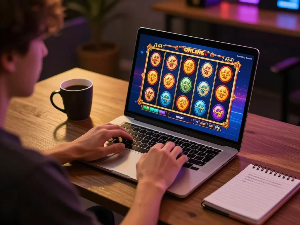 Engaging in slot online gaming at home with a laptop and strategic notes.