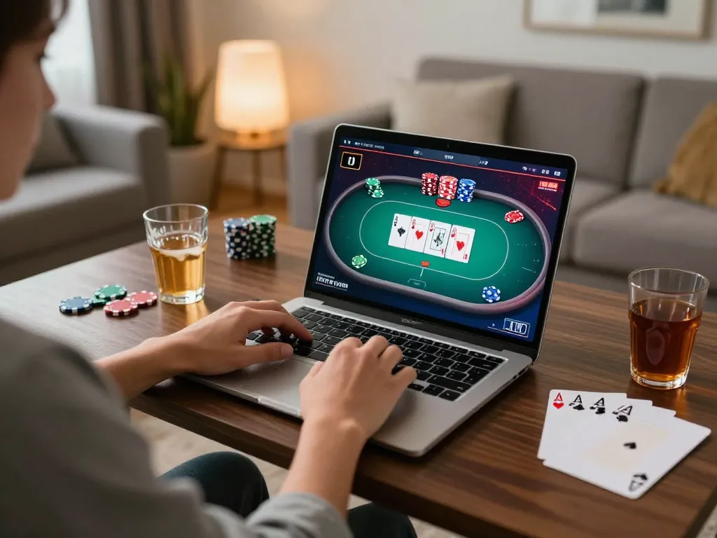 mb66an gameplay on a laptop in a cozy living room with poker cards and strategic notes visible