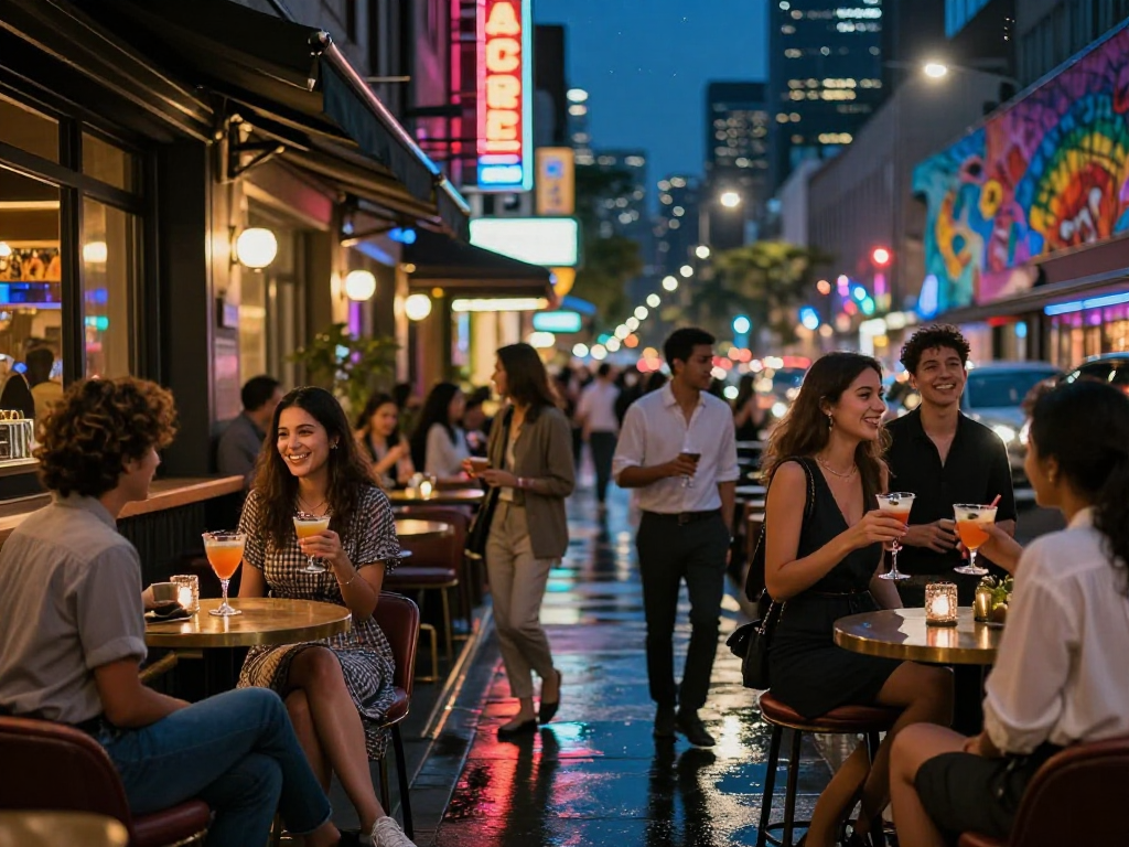Cảnh đêm sôi động với nhóm gái gọi tận hưởng buổi tối tại phố bar hiện đại.