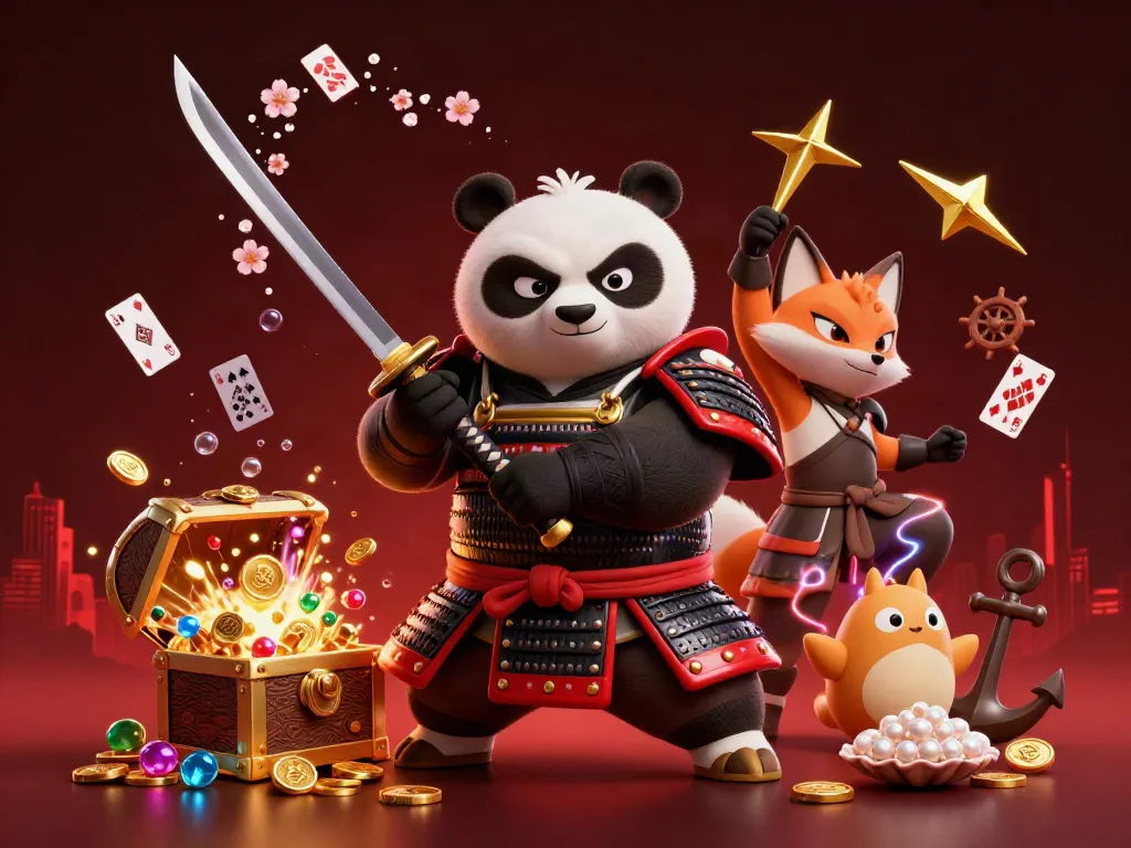 Mainkan rummy deity dengan samurai panda, rubah ninja, dan tanuki dalam suasana yang megah.