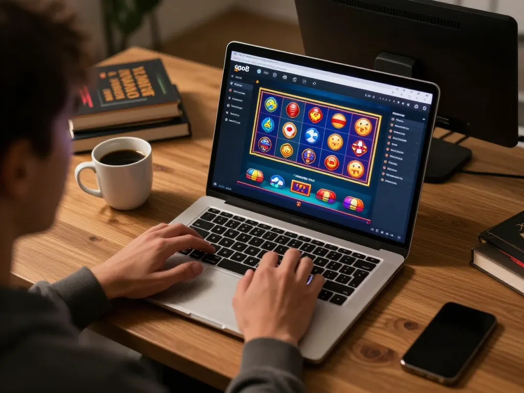 A person engaged in gaming at go8 trang chủ using a laptop with a digital casino interface, illustrating modern gambling.