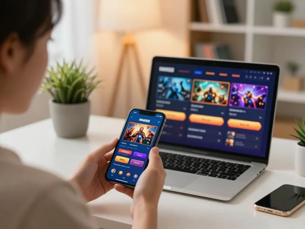 Engaging with MM88 casino app on smartphone for mobile betting in a cozy home setting.