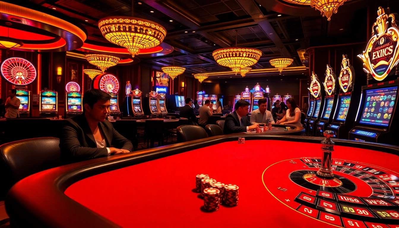 Engaging scene of a Hit Club-themed luxurious casino, showcasing vibrant gaming tables and players.