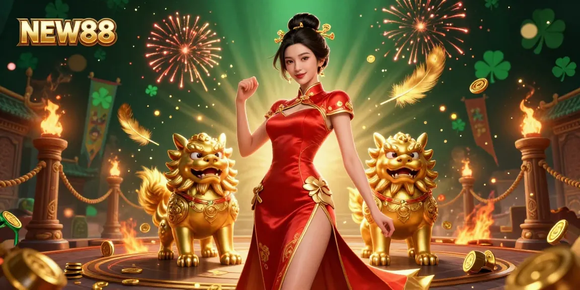 Engage with NEW88's thrilling casino world featuring a glamorous Asian woman amidst lively gambling elements.