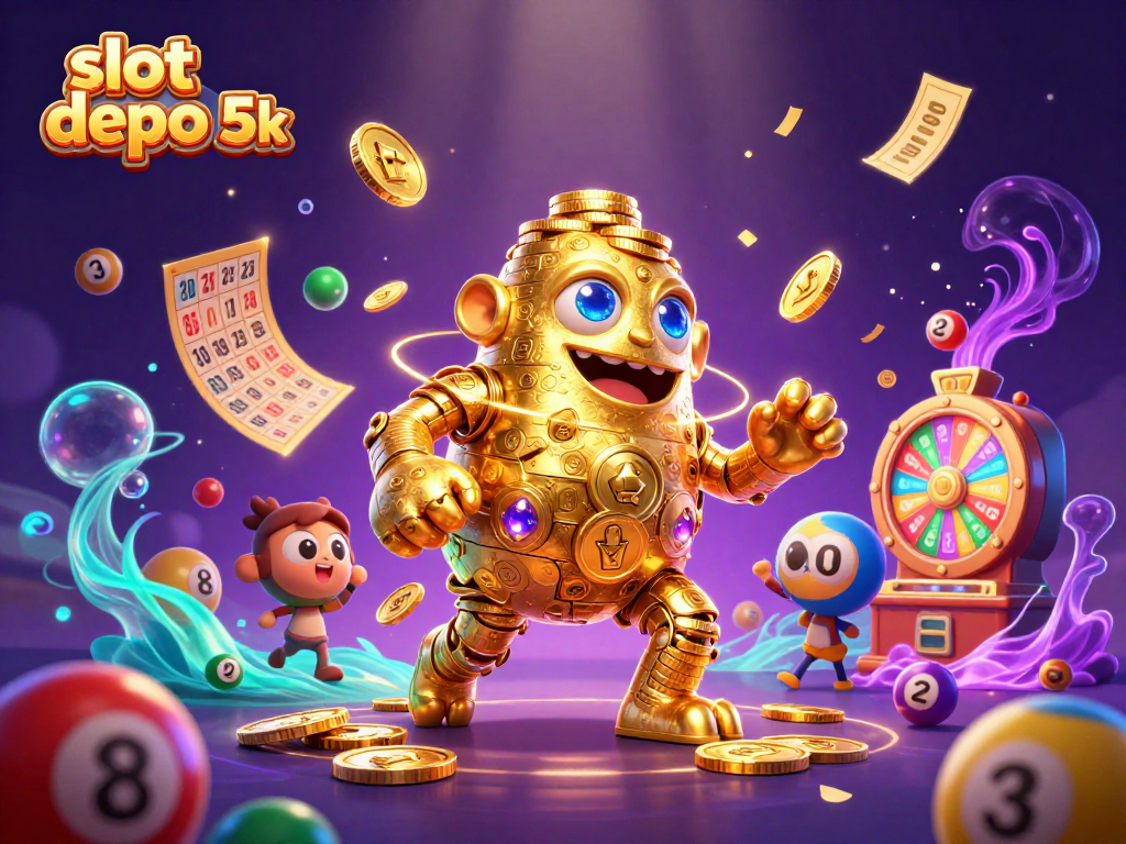 Experience thrilling gameplay with slot depo 5k as golden golem and lottery elements create a vibrant casino scene.