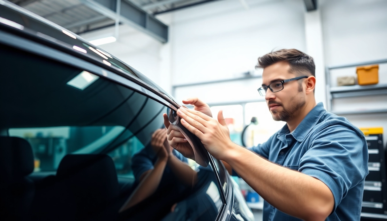 Get auto window tint near me applied by professionals in a modern garage setting.