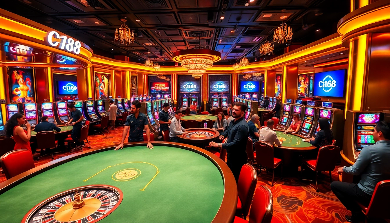 C168 players enjoying thrilling casino games at vibrant poker tables and slot machines.