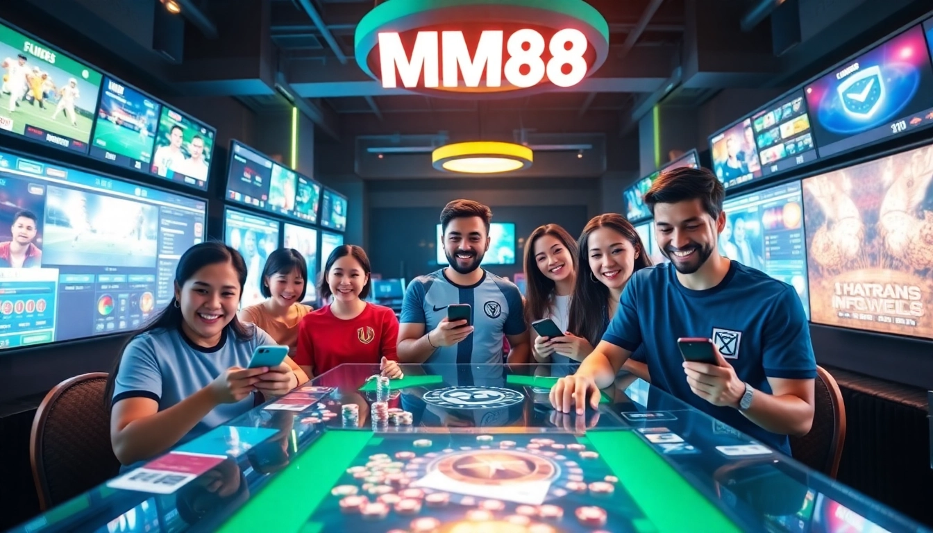 MM88 gaming experience showcasing diverse players enjoying online betting in a vibrant, secure atmosphere.