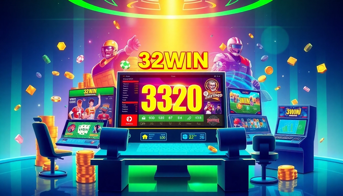 32WIN gaming platform interface featuring popular games and vibrant colors