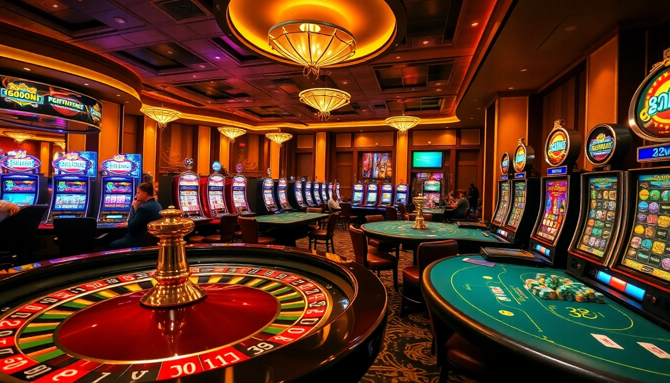 Exciting casino atmosphere showcasing 32win games, poker tables, and roulette wheel in action.