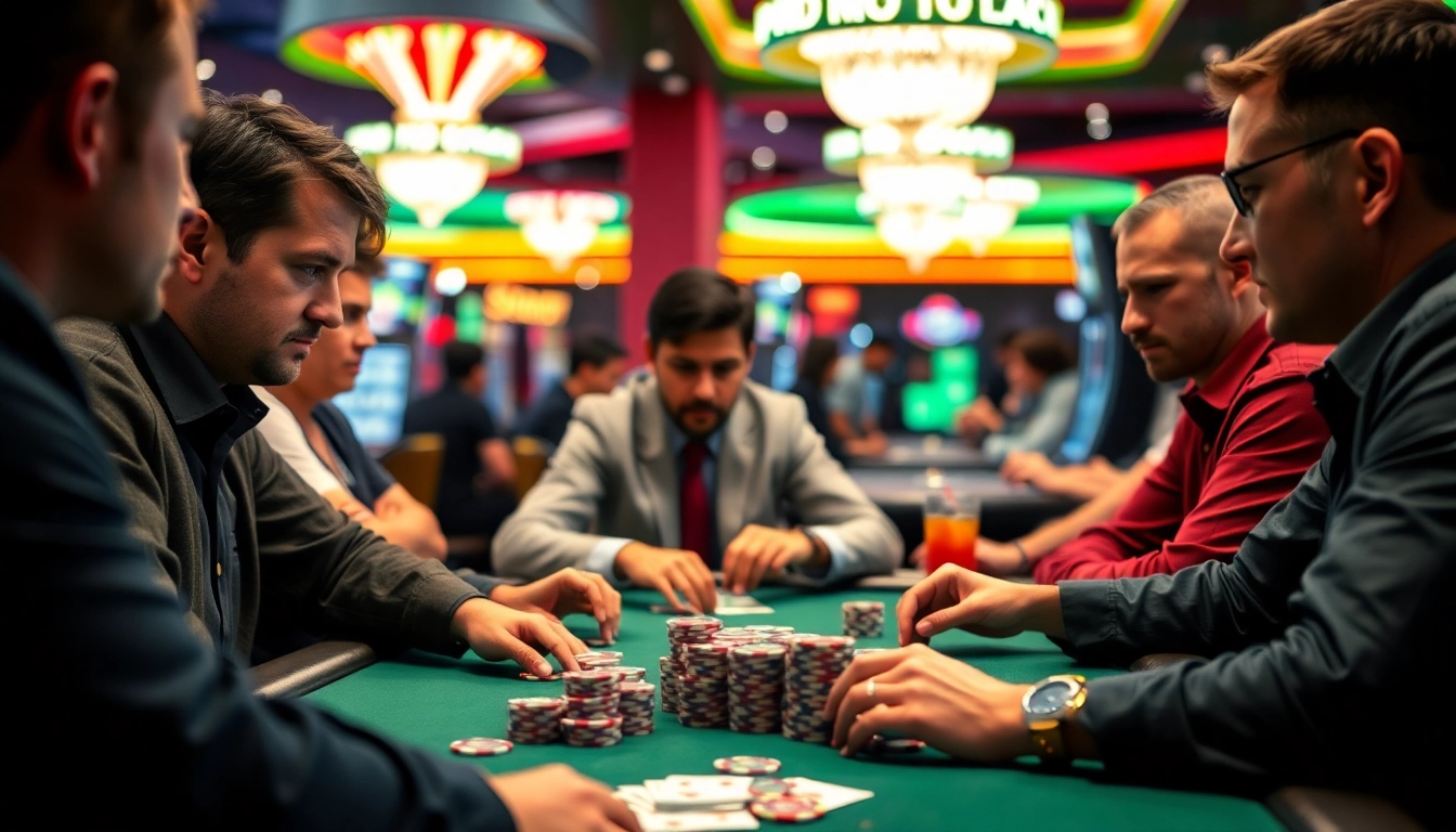 Engaging poker game scene with players focused on their cards in a lively casino environment.