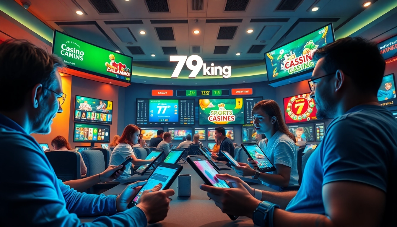 Dynamische digitale interface met 79king gokspellen en opgewonde spelers.