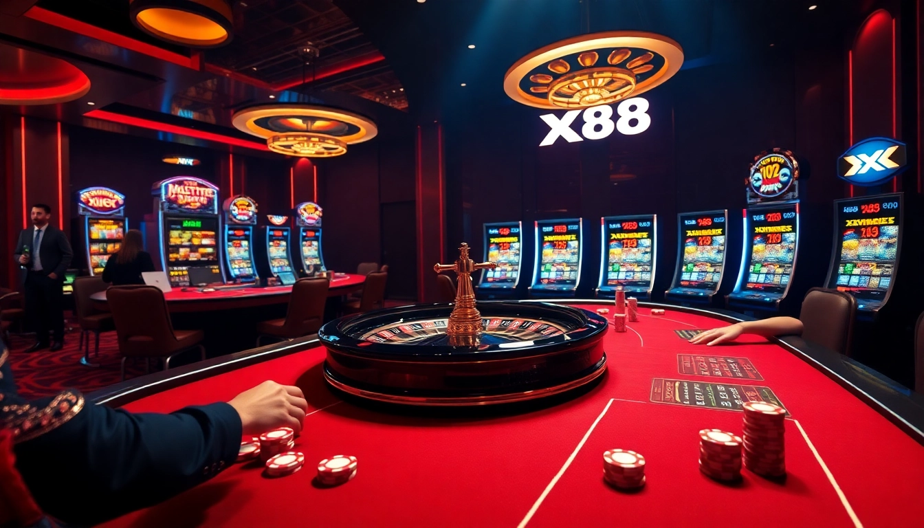 Experience the excitement of XX88 with vibrant casino gaming scenes, featuring tables, roulette, and poker.