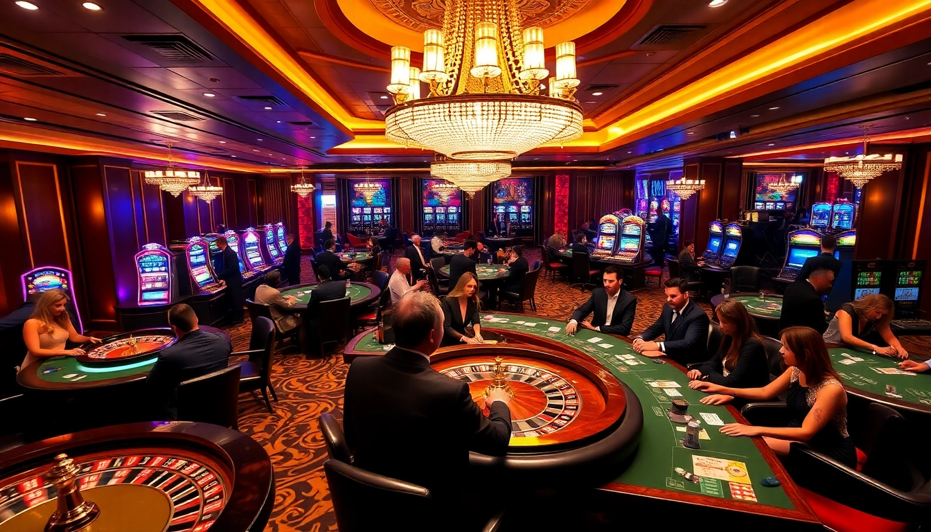 A vibrant casino scene captures players engaging in various games while showcasing OK8386 betting slips creating an exciting atmosphere.