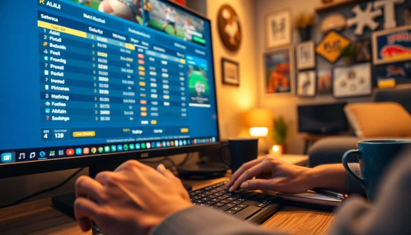 Engaging in online Betting with a computer screen displaying live odds and sports events.