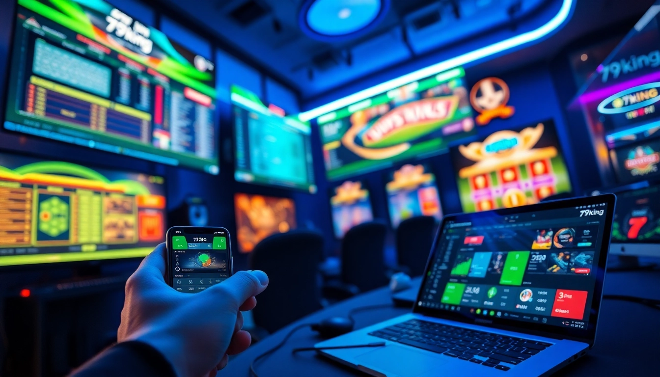 Dynamic gaming setup reflecting 79king's online betting experience with vibrant screens and modern technology.