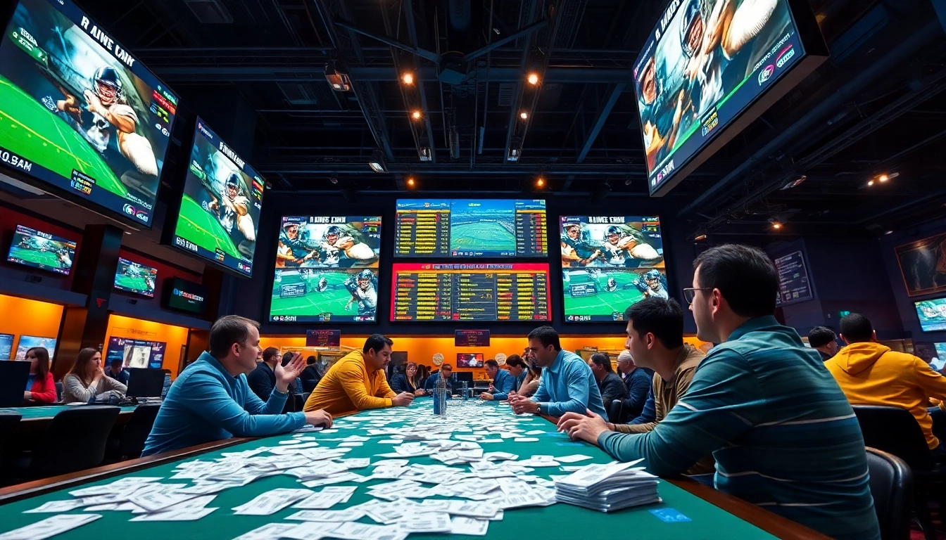 Engage in Sports Betting excitement in a vibrant indoor sportsbook environment.