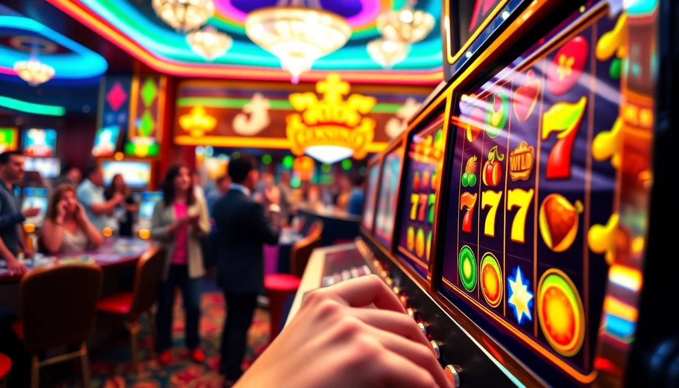 Main slot game featuring spinning reels, colorful symbols, and an excited player at a casino.